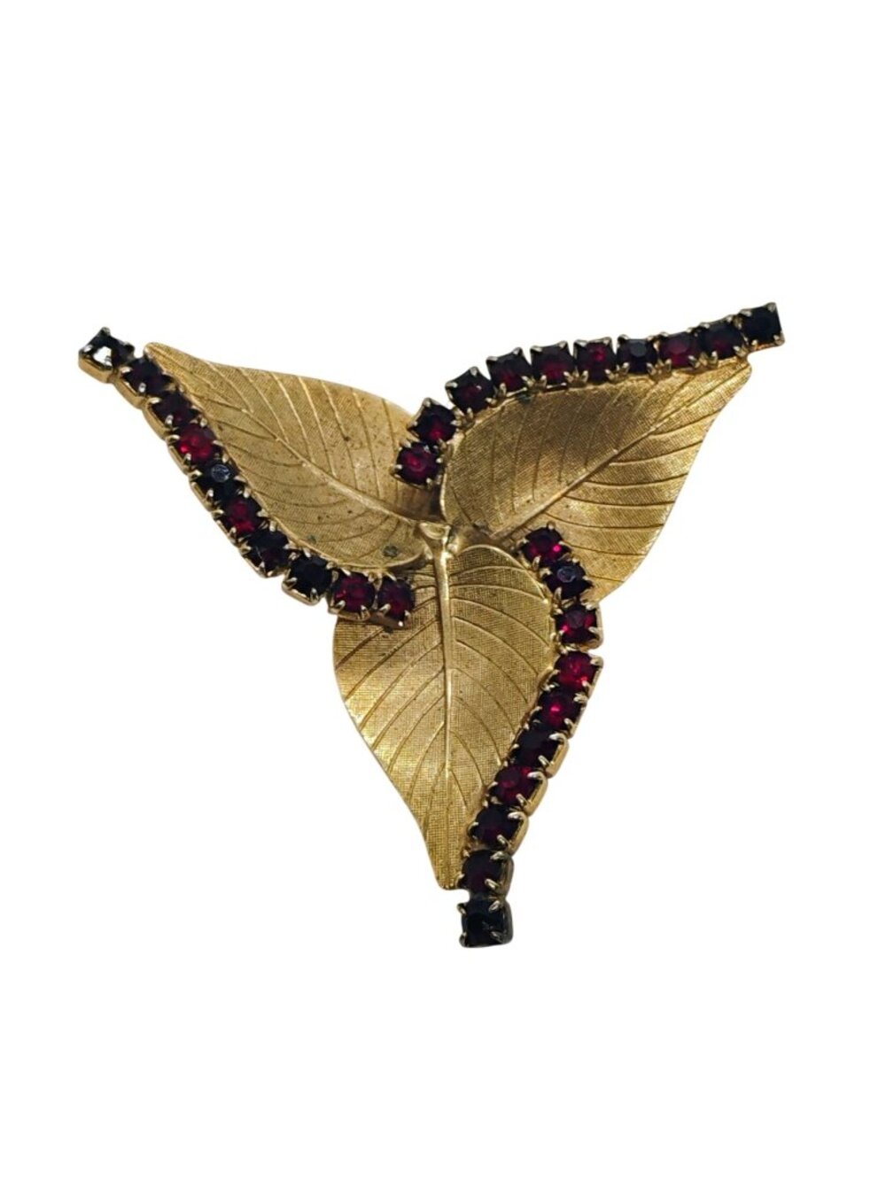 Vintage Red Rhinestone Gold Tone Triple Leaf Brooch Pin Statement 2"